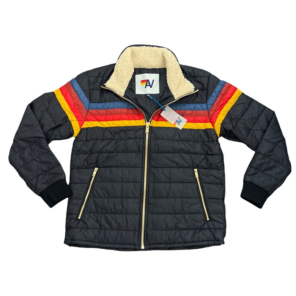 Aviator Nation Black Quilted Ski Jacket with Colorful Stripes